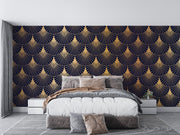 Gold-coloured Art Deco fans on deep navy — bedroom with grey bedding mock-up
