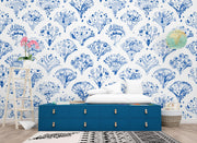 Blue Watercolour Damask Wall Mural – room illustration 2