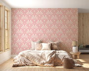 Cream Art Deco fan motifs on a soft pink background — bedroom with cream bedding mock-up