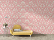 Cream Art Deco fan motifs on a soft pink background — room with a yellow chaise longue mock-up