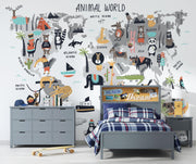 Grey Cartoon Animal World Map Wall Mural – bedroom with blue checked bedding mock-up