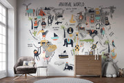 Grey Cartoon Animal World Map Wall Mural – nursery with an armchair and chest of drawers mock-up