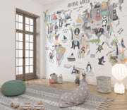 Grey Cartoon Animal World Map Wall Mural – playroom with floor cushions mock-up