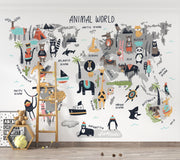 Grey Cartoon Animal World Map Wall Mural – playroom with a wooden ladder mock-up
