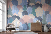 Pastel Woodland Trees and Mountains Wall Mural – nursery with a chest of drawers mock-up