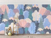 Pastel Woodland Trees and Mountains Wall Mural – playroom with a wooden ladder mock-up