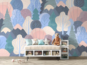 Pastel Woodland Trees and Mountains Wall Mural – playroom with a storage bench mock-up