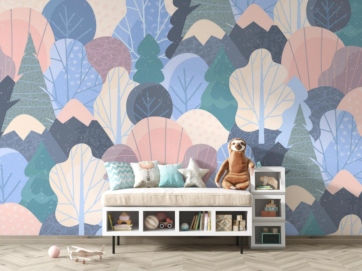 Pastel Woodland Trees and Mountains Wall Mural – playroom with a storage bench mock-up