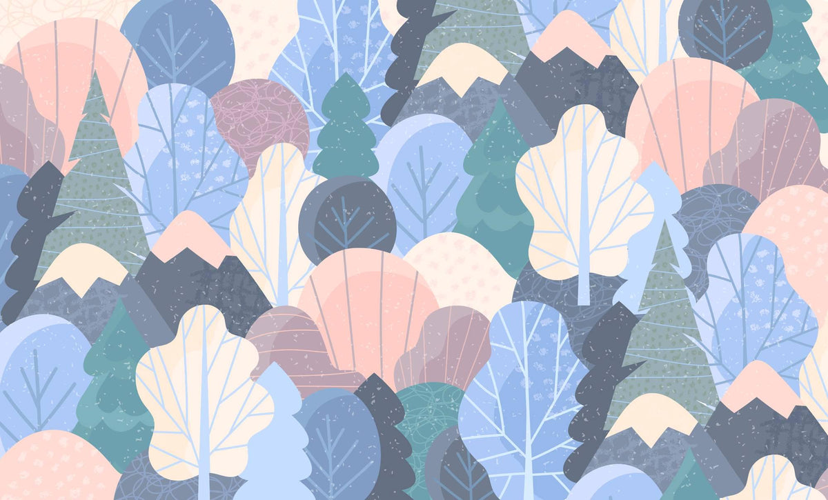 Pastel Woodland Trees and Mountains Wall Mural – clean pastel woodland artwork
