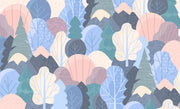 Pastel Woodland Trees and Mountains Wall Mural – clean pastel woodland artwork