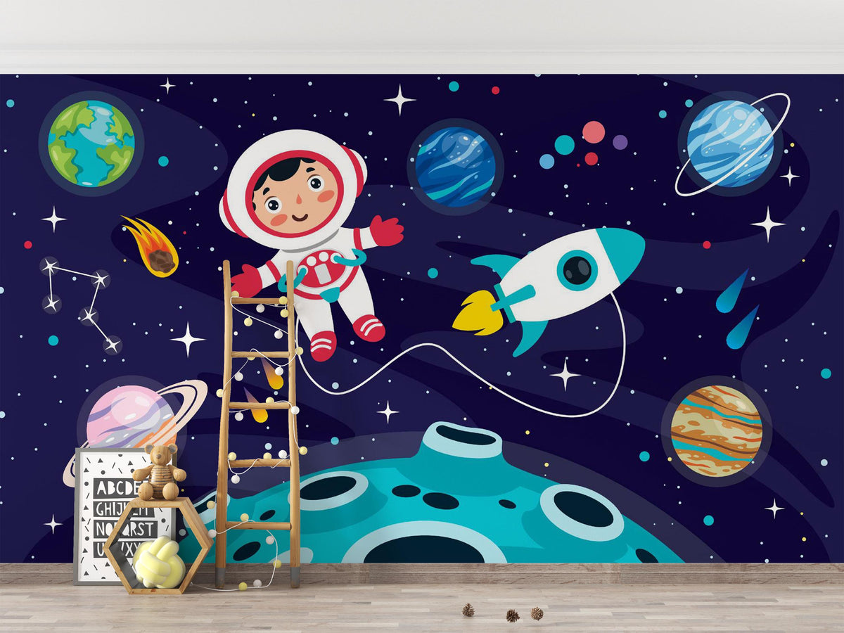 Navy Cartoon Astronaut and Rocket Wall Mural – playroom with a wooden ladder mock-up
