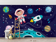 Navy Cartoon Astronaut and Rocket Wall Mural – playroom with a wooden ladder mock-up