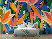 Vibrant Tropical Flower and Leaf Wall Mural – bedroom with a green bed mock-up