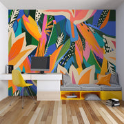 Vibrant Tropical Flower and Leaf Wall Mural – home office with a white desk mock-up