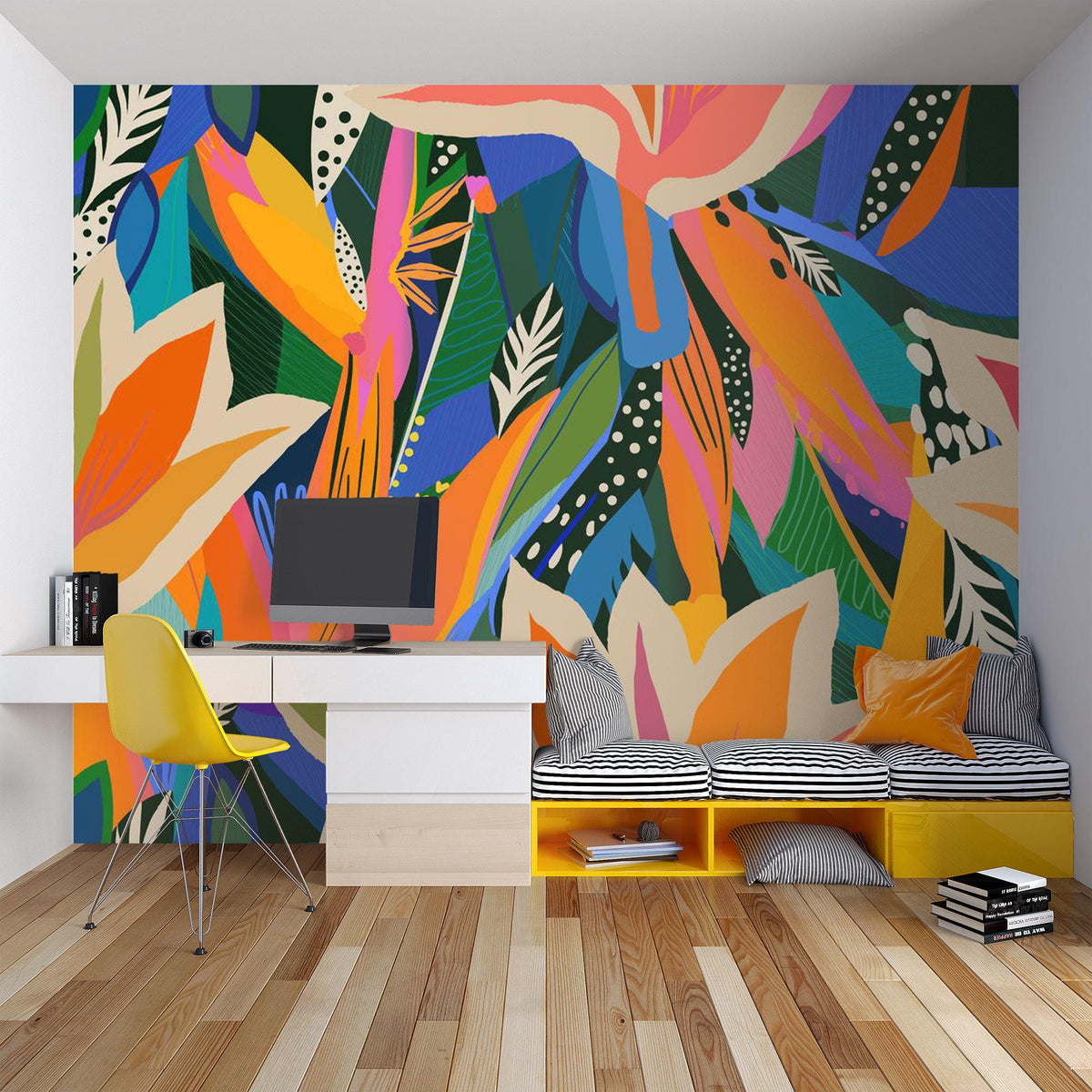 Vibrant Tropical Flower and Leaf Wall Mural – home office with a white desk mock-up