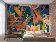 Vibrant Tropical Flower and Leaf Wall Mural – room with a daybed and shelving mock-up