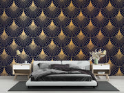 Gold-coloured Art Deco fans on deep navy — bedroom with dark bedding mock-up