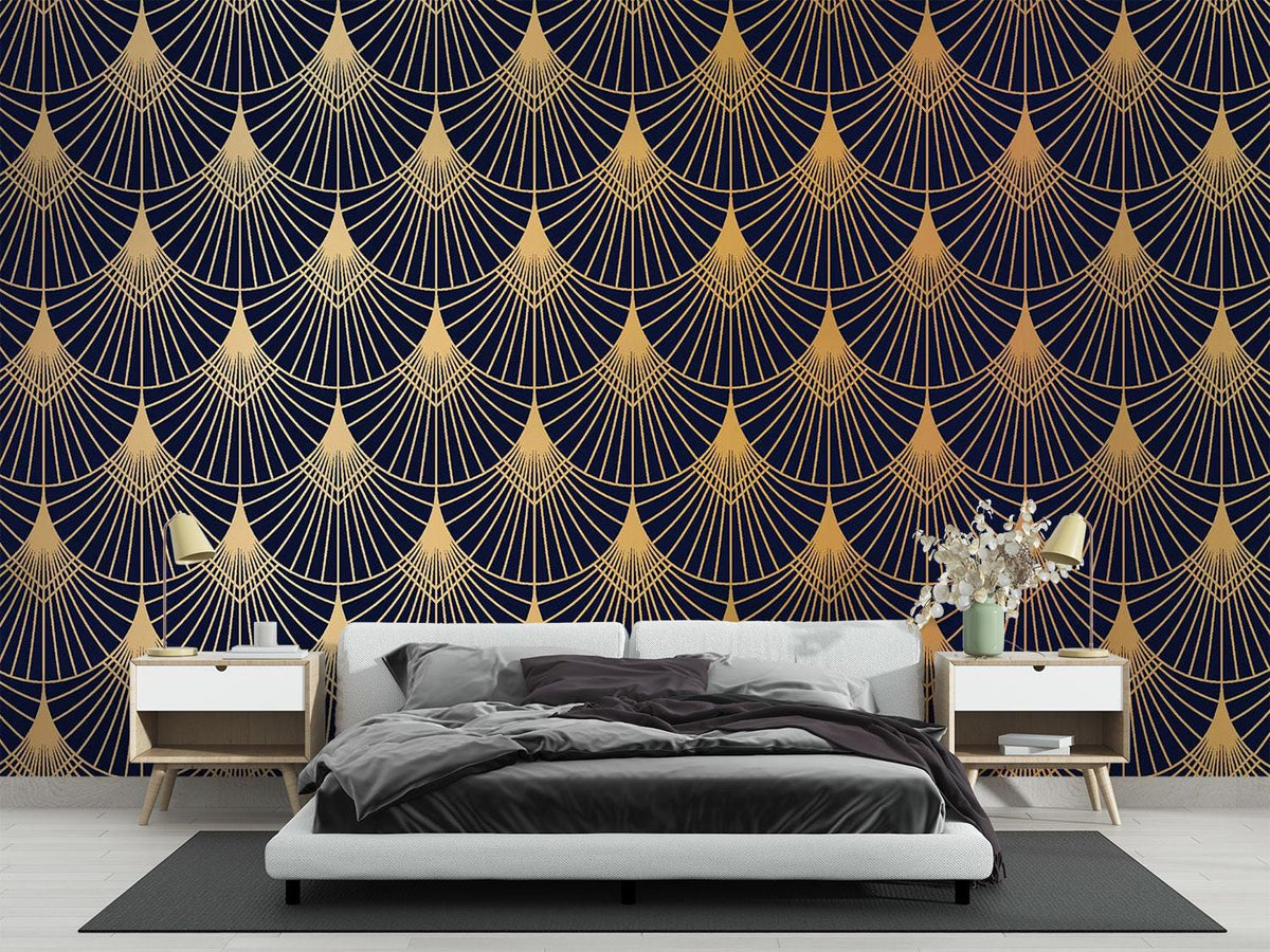 Gold-coloured Art Deco fans on deep navy — bedroom with dark bedding mock-up