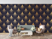 Gold-coloured Art Deco fans on deep navy — living room with a green sofa mock-up