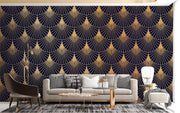 Gold-coloured Art Deco fans on deep navy — living room with a light sofa mock-up