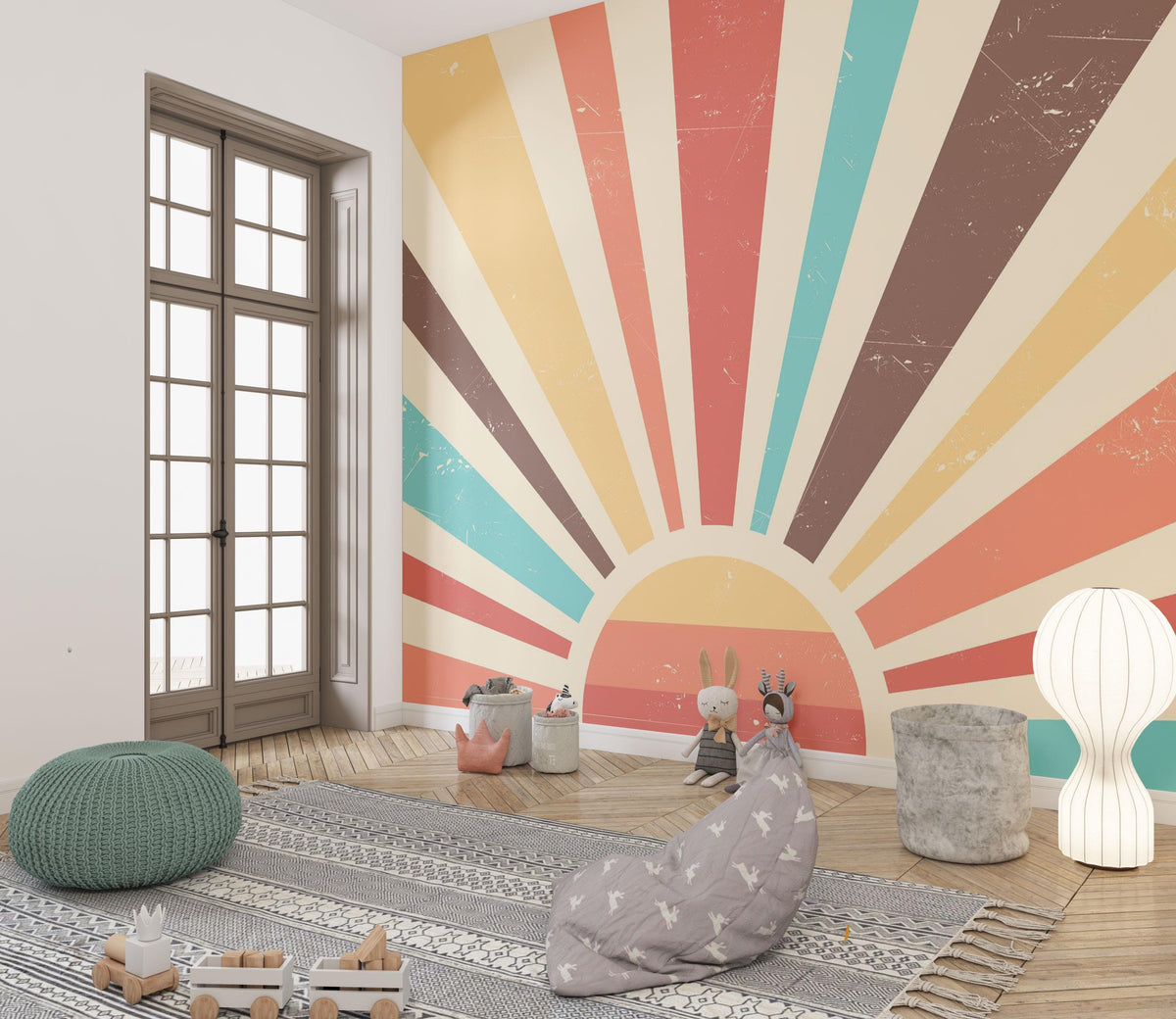 Retro sunburst with orange, yellow, teal and brown geometric rays — playroom with floor cushions mock-up
