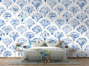 Blue Watercolour Damask Wall Mural – room illustration 1
