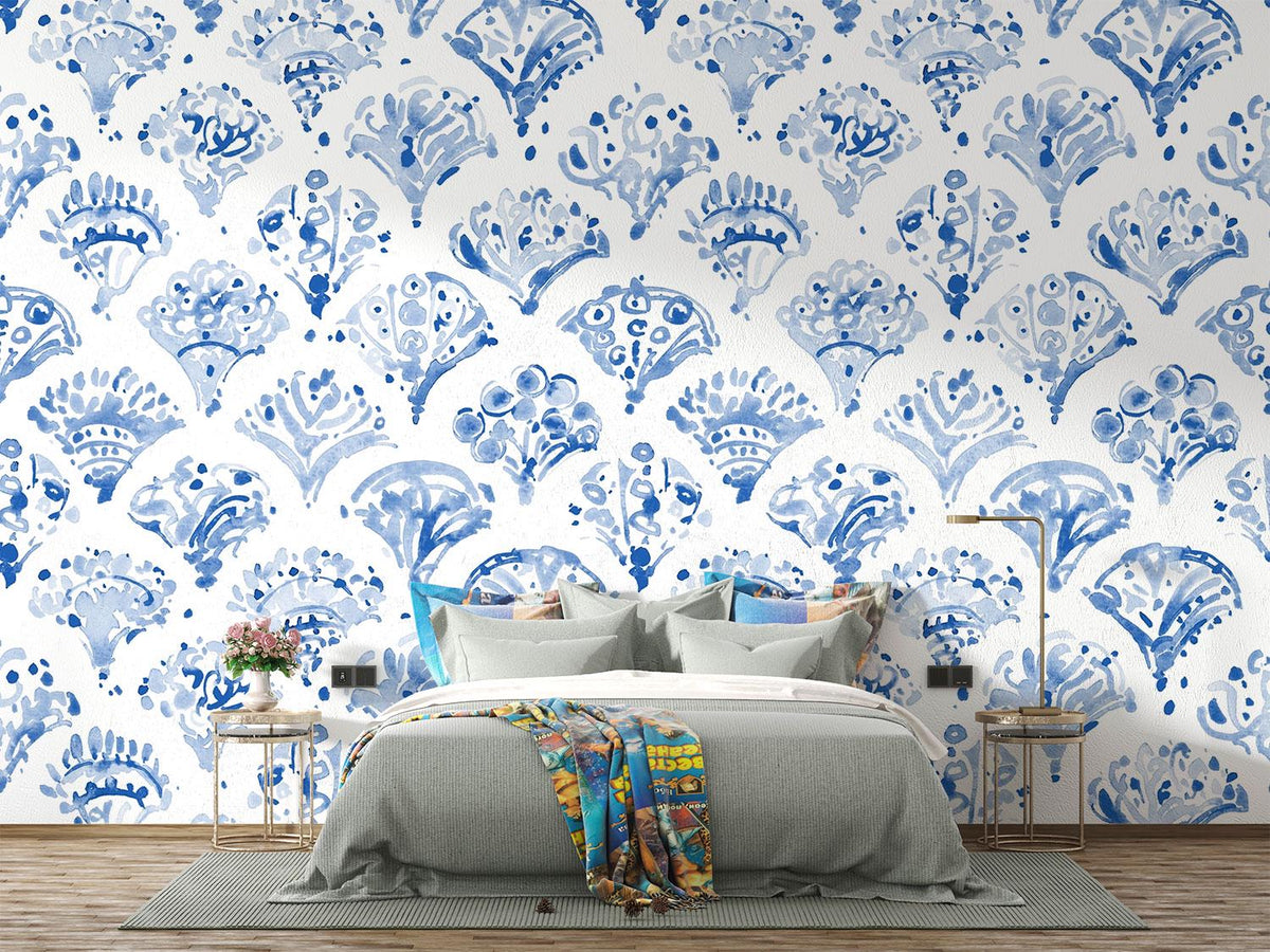 Blue Watercolour Damask Wall Mural – room illustration 1