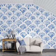 Blue Watercolour Damask Wall Mural – room illustration 3