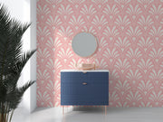 Cream Art Deco fan motifs on a soft pink background — room with a blue cabinet and round mirror mock-up