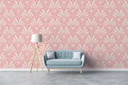 Cream Art Deco fan motifs on a soft pink background — room with a blue sofa mock-up
