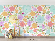 Pastel Watercolour Flower Pattern Wall Mural – playroom with a wooden ladder and books mock-up