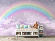 Pastel Rainbow Clouds and Stars Wall Mural – playroom with a cushioned storage bench mock-up