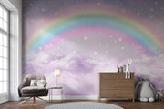 Pastel Rainbow Clouds and Stars Wall Mural – room with an armchair and chest of drawers mock-up