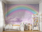 Pastel Rainbow Clouds and Stars Wall Mural – child's bedroom with a low bed and shelving mock-up