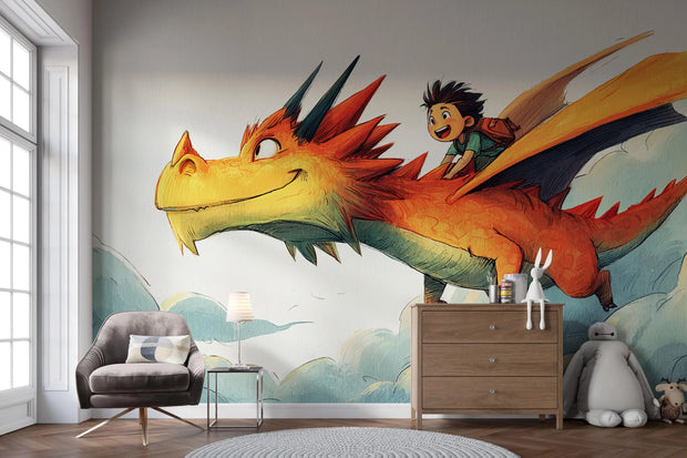 Room interior with a large dragon mural on the wall, featuring a child riding a dragon.