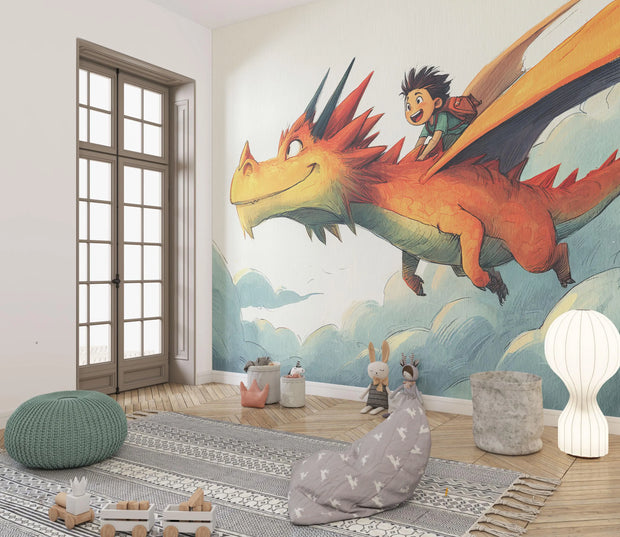 Children's room with a dragon and child mural on the wall, featuring a green ottoman, gray rug, and white lamp.