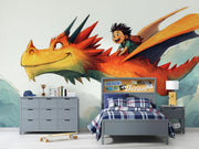 Children's bedroom with a dragon mural and bed, featuring a child on a dragon.