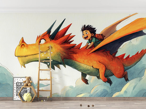 Wall mural of a child riding a dragon with a ladder and toys below.