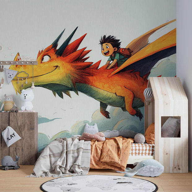Children's room with a dragon and boy mural on the wall.