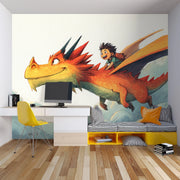 Children's room with a dragon and child mural on the wall, featuring a desk and chair.