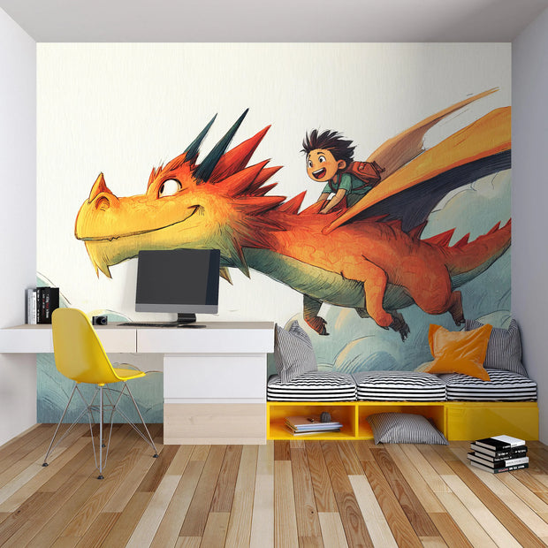 Children's room with a dragon and child mural on the wall, featuring a desk and chair.