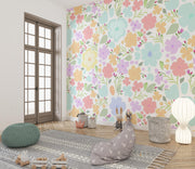 Pastel Watercolour Flower Pattern Wall Mural – reading nook with floor cushions mock-up