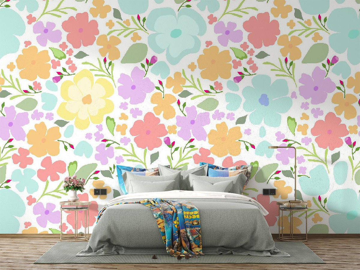 Pastel Watercolour Flower Pattern Wall Mural – bedroom with a pale bed and colourful cushions mock-up