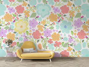Pastel Watercolour Flower Pattern Wall Mural – room with a yellow chaise longue mock-up