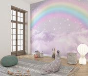 Pastel Rainbow Clouds and Stars Wall Mural – reading nook with floor cushions mock-up