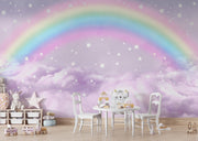 Pastel Rainbow Clouds and Stars Wall Mural – playroom with a small white table and chairs mock-up