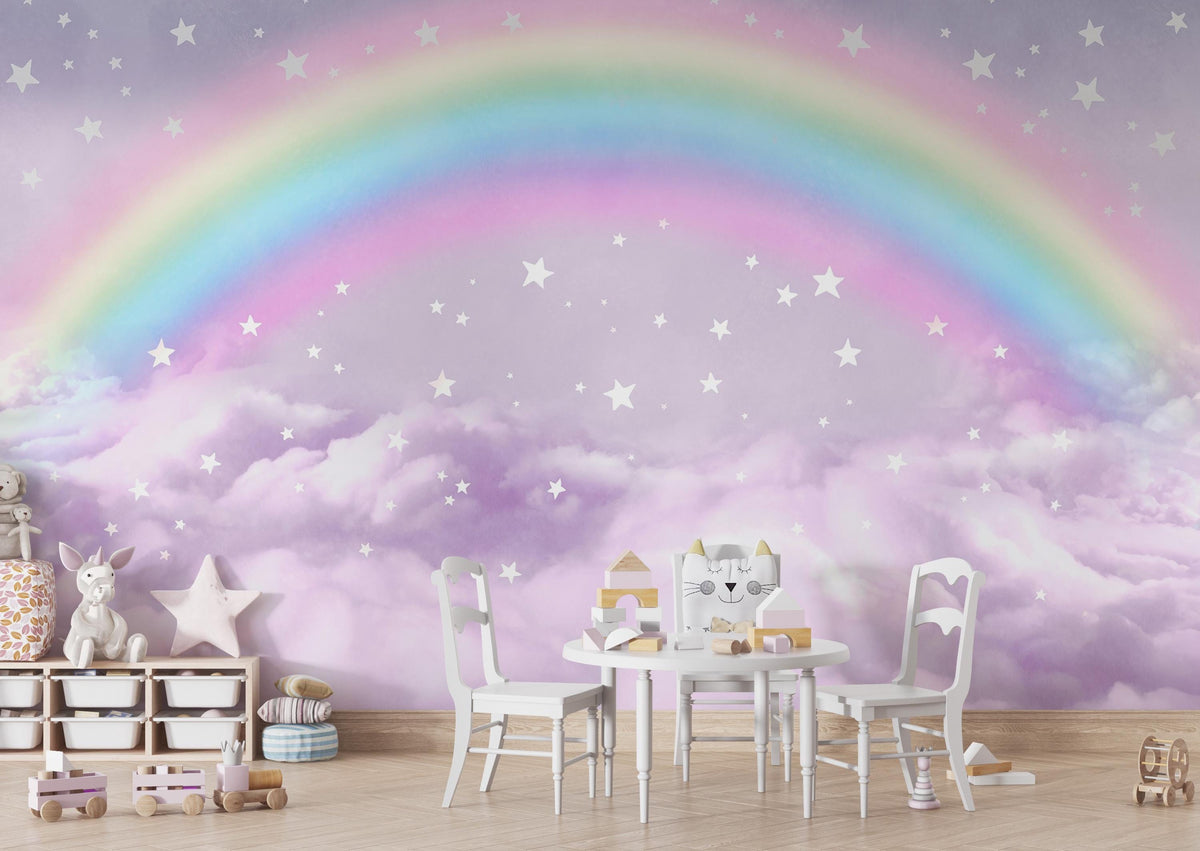 Pastel Rainbow Clouds and Stars Wall Mural – playroom with a small white table and chairs mock-up