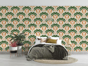 Leopard and Palm Pattern Wall Mural – bedroom with dark green bedding mock-up