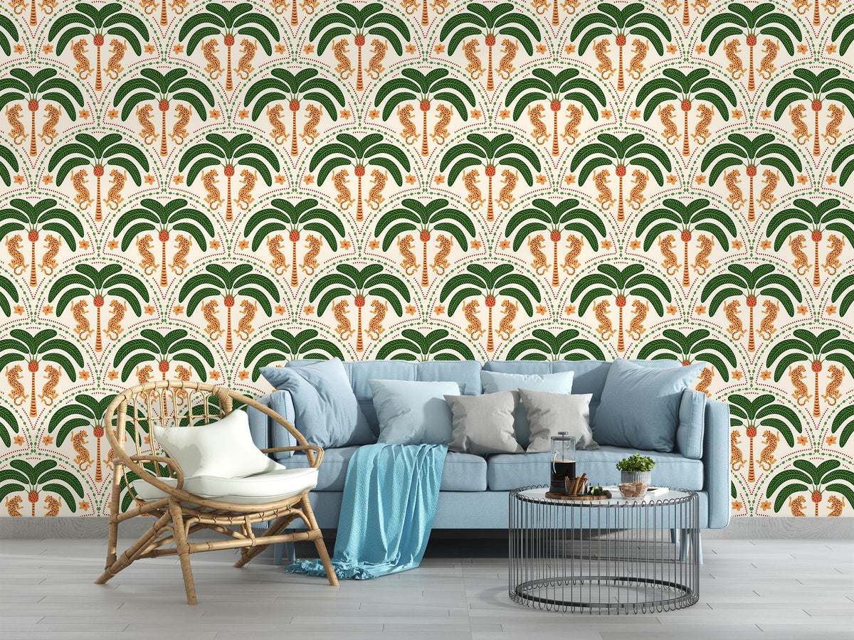 Leopard and Palm Pattern Wall Mural – living room with a blue sofa mock-up