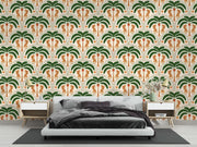 Leopard and Palm Pattern Wall Mural – bedroom with a low grey bed mock-up